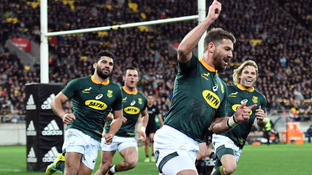Rarity: South Africa's Willie le Roux celebrates during their upset victory in New Zealand.
