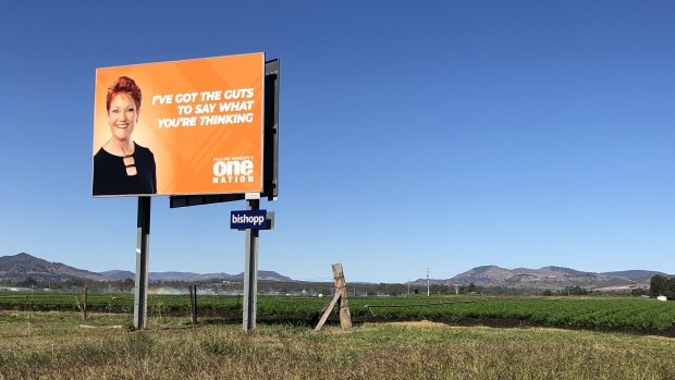 A Pauline Hanson billboard stands next to the road at Grantham in the Lockyer Valley.