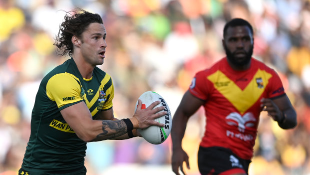 Nicho Hynes in action for the Prime Minister’s XIII in Papua New Guinea.