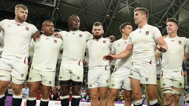 Job not done yet: England captain Owen Farrell addresses teammates after the victory over Australia.
