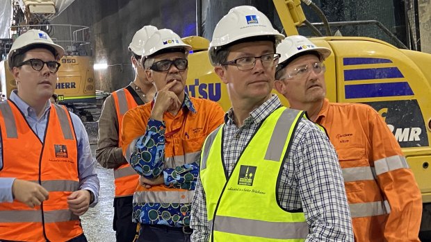 Brisbane City Council’s transport committee chair Ryan Murphy is briefed on progress by senior engineers Jose Antonia Sanchez, Brian Marshall and Stephen Hammer.