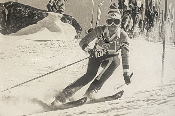 Jo McDougall (Henke) ski racing about 1975 at Falls Creek. She competed for Australia at the Winter Olympics as a 17-year-old. 