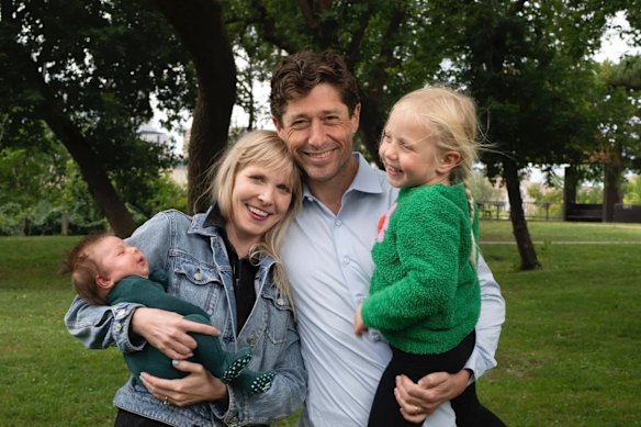 Minneapolis Mayor Jacob Frey with his wife, Sarah Clarke, and their daughters.