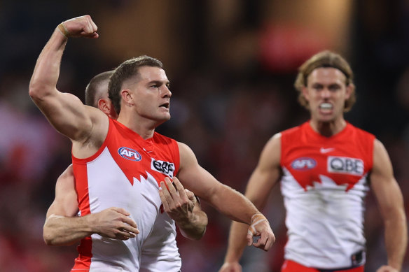 Tom Papley celebrates a goal during the Swans’ remarkable come-from-behind win over fellow flag fancies Geelong.