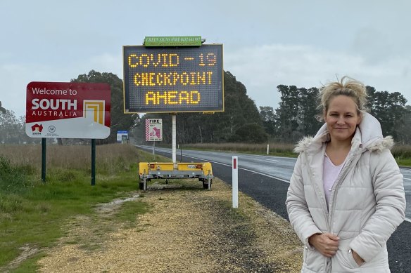 Paula Gust at the Victorian-South Australian border near her family’s farm at Apsley. 