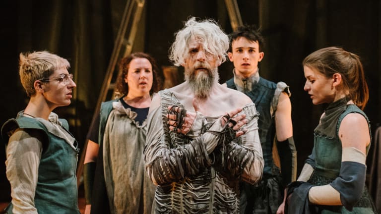 Hamlet's suffering is highlighted by a ticking doomsday clock. Polly Sará, Peta Ward, Chris Beckey, Mitch Wood and Nicole Harvey in Hamlet Apocalypse at Theatreworks. 