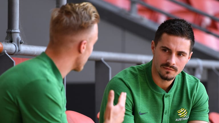 Fresh faces: Jamie Maclaren (right) and James Jeggo chat at Suncorp Stadium in Brisbane.