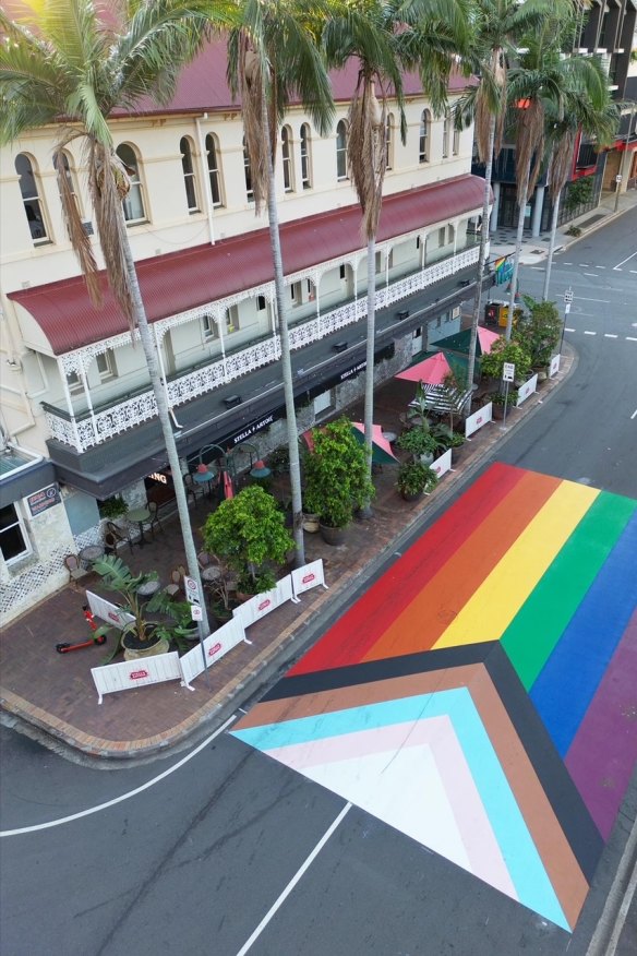 The pride flag painted on the road outside The Wickham in Brisbane’s Fortitude Valley.