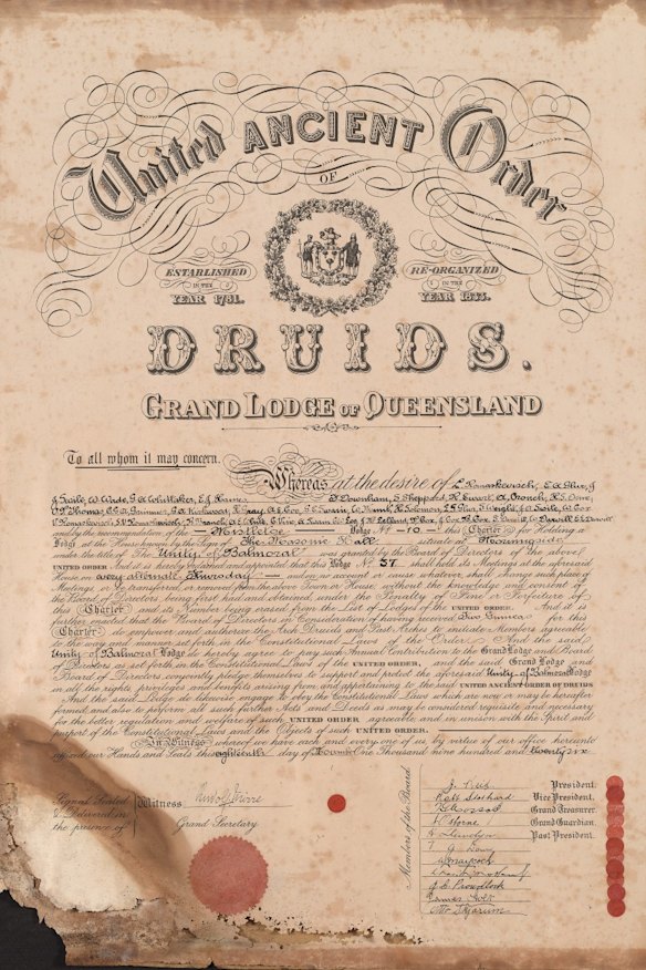 The charter of the United Ancient Order of Druids, Grand Lodge of Queensland, dated November 18, 1926. A digitised copy is now on display at the Morningside School of Arts.