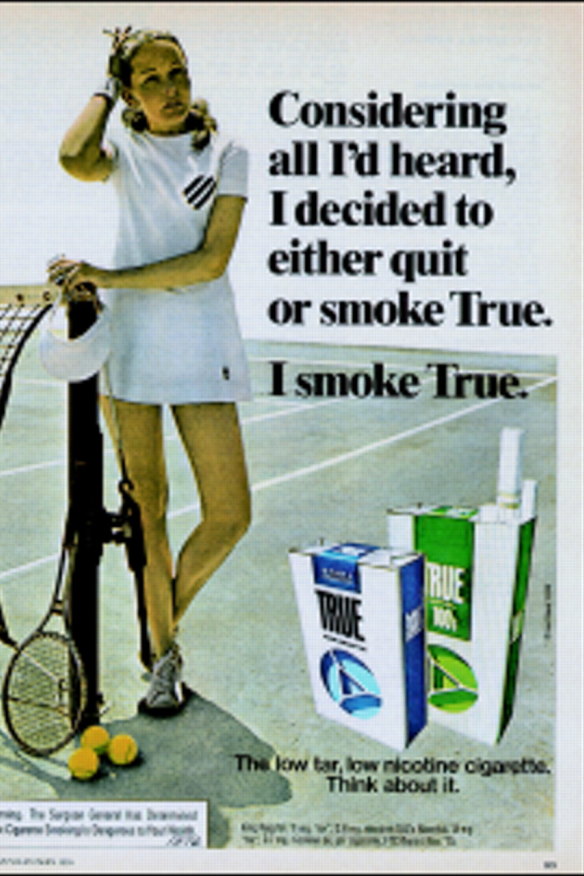 A 1970s magazine advertisement for US brand True cigarettes.
