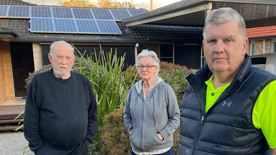 Yeronga’s Orient Street flood victims (from left) John and Lynette Daley, with co-ordinator Peter Paulsen (front) say Brisbane City Council has not remedied a blocked creek they promised to urgently clear in 2011.