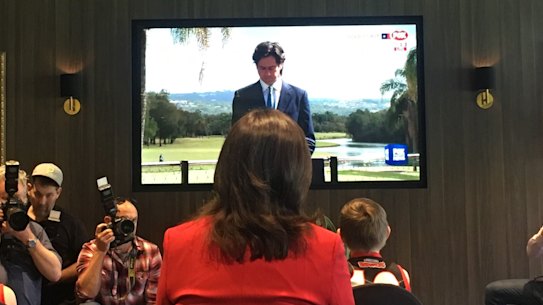 Premier Annastacia Palaszczuk watches AFL boss Gillon McLachlan announce that the grand final will be held in Brisbane.