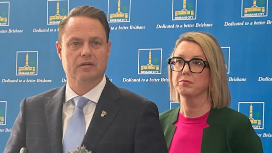 Lord Mayor Adrian Schrinner and finance committee chair Fiona Cunningham taking media questions about the Brisbane City Council budget.