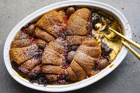Dark chocolate and Easter egg baked croissant pudding.