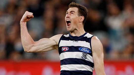 MELBOURNE, AUSTRALIA - APRIL 02: Jeremy Cameron of the Cats celebrates a goal during the 2022 AFL Round 03 match between the Collingwood Magpies and the Geelong Cats at the Melbourne Cricket Ground on April 02, 2022 In Melbourne, Australia. (Photo by Dylan Burns/AFL Photos via Getty Images)