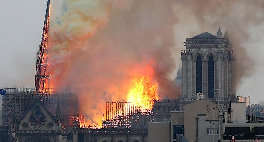 Notre Dame Cathedral on fire in Paris.