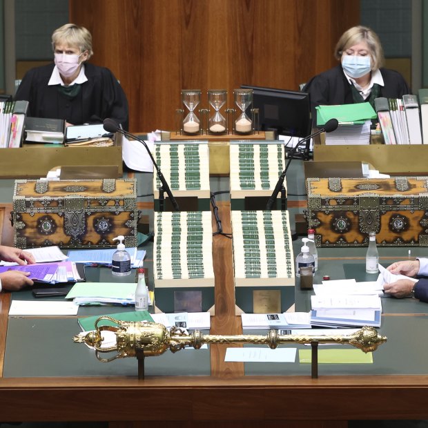 Prime Minister Scott Morrison and Opposition Leader Anthony Albanese during question time. The recurring theme in the poll is the drift away from the government by voters who do not have a firm sense of where they might come to a stop.