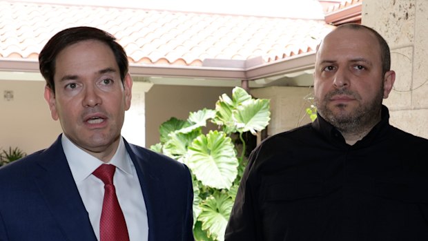 US Secretary of State Marco Rubio (left) and Rustem Umerov, Ukrainian secretary of national security, speak to the media after the talks.