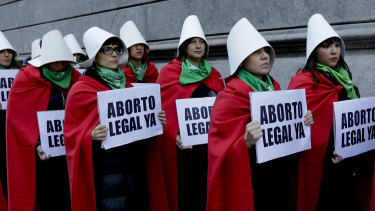 Pro-choice activtists dressed as handmaids from the Haidmaid's Tale protest to expand legal abortions in Buenos Aires, Argentina, last August.