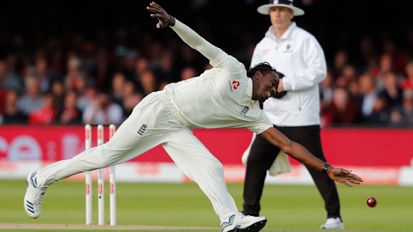England's Jofra Archer fields the ball during the second day of the second Ashes Test.