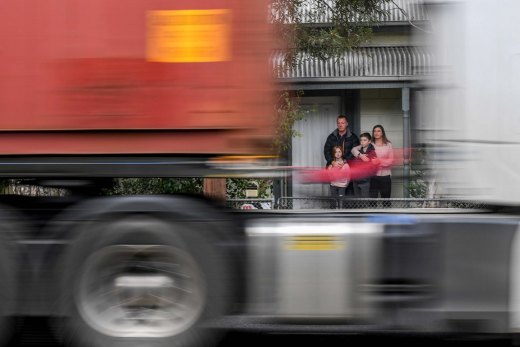 Kathleen and Rob with their children Matt, 11, and Georgia, 8, live on truck-heavy Williamstown Road in Seddon. They are sick of worsening truck traffic and pollution on their street. 