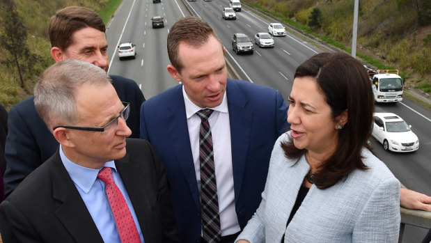 Federal Minister for Urban Infrastructure Paul Fletcher (left), Mick de Brenni (middle) and Queensland Premier Annastacia Palaszczuk (right) announcing that the contract for the M1 and M3 upgrade last year. Ai Group has called for infrastructure projects to be fast-tracked in Queensland.  
