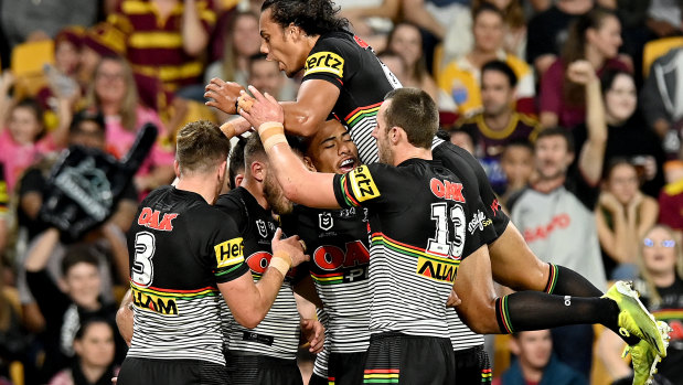 The Panthers celebrate another try.