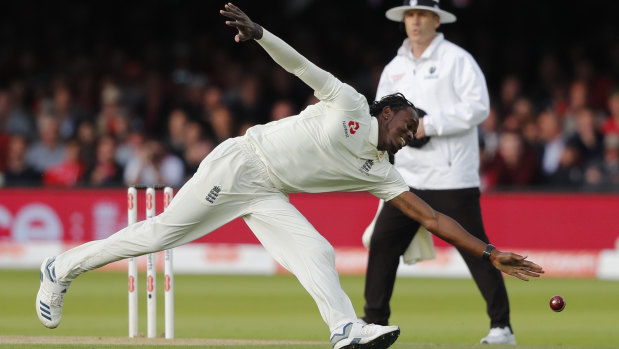 England's Jofra Archer fields the ball during the second day of the second Ashes Test.