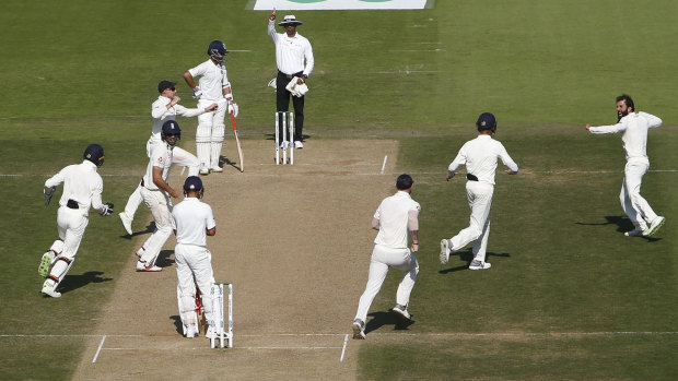 England celebrate Virat Kohli's wicket, taken by Ali.