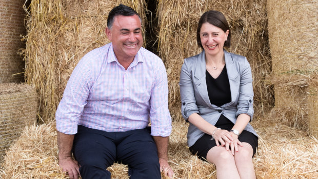 Premier Gladys Berejiklian and Deputy Premier John Barilaro, on Boyd Baling farm in Lismore.