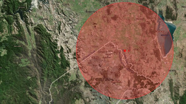 A map shows the 3.1 magnitude earthquake that hit over the ACT border near Sutton and the radius it was felt.