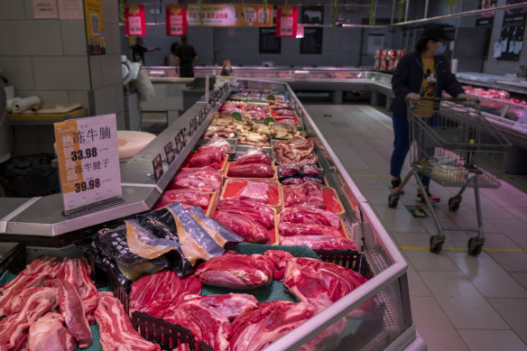 Meat imported from Australia and Brazil  is displayed at Yonghui Superstore in eastern Beijing’s Tongzhou District.