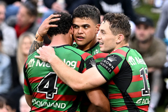 Latrell Mitchell celebrates after scoring a try in his dominant performance against the Warriors last weekend.