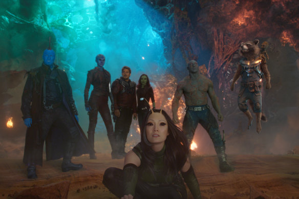 Pom Klementieff, centre, as Mantis in Guardians of the Galaxy.
