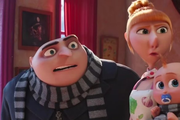 Gru-some threesome: Gru and Lucy welcome Gru Jr in the franchise’s latest outing.