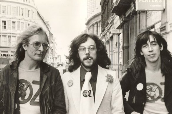 The three editors of the controversial Oz magazine (from left) James Anderson, Felix Dennis, and Australian Richard Neville. 