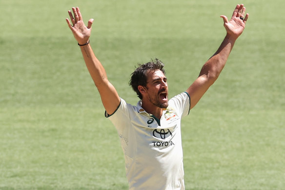 Mitchell Starc celevrates another wicket.