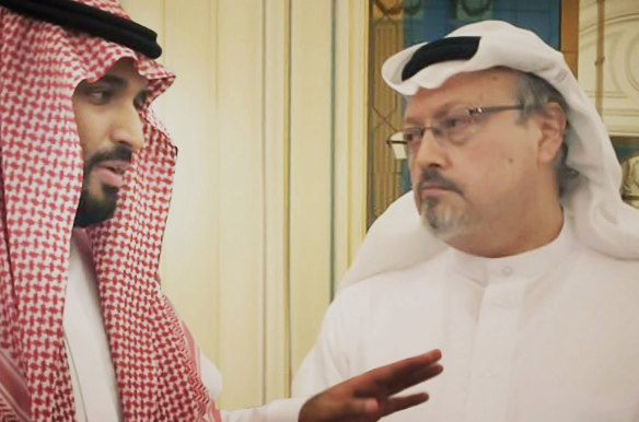 Saudi Crown Prince Mohammed bin Salman, left, and journalist Jamal Khashoggi in a scene from the documentary The Dissident.