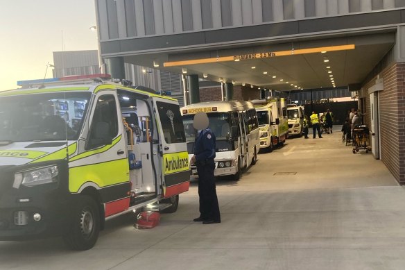 The school bus amid multiple ambulances at Roma Hospital.