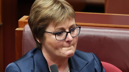 An emotional Minister for Defence Linda Reynolds in Parliament on Thursday where she apologised to Higgins. 