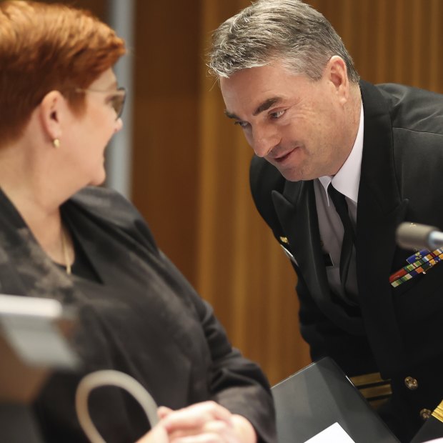 Minister for Foreign Affairs Marise Payne and Rear-Admiral Jonathan Mead during a Senate estimates hearing. Mead was a crucial choice to lead the pursuit of SSNs.