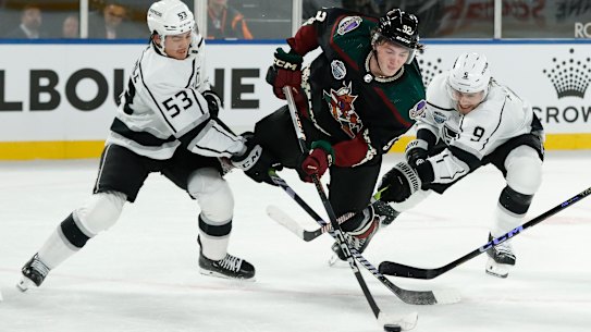 Logan Cooley of the Arizona Coyotes scores during the NHL Global Series match between Arizona Coyotes and Los Angeles Kings at Rod Laver Arena on Sunday.