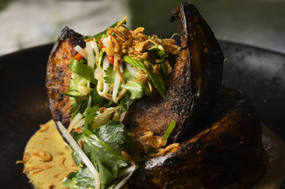 Roasted Japanese pumpkin with Khmer curry and lychee salad.  