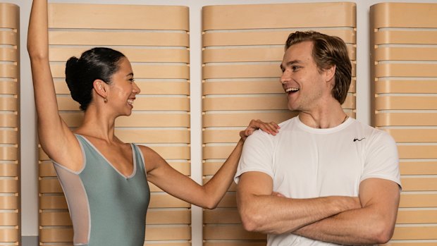 Australian Ballet dancers Joseph Romancewicz and Belle Urwin in a rehearsal room at the Sydney Opera House. Telstra Let’s Dance provides rare opportunities for country kids to learn directly from The Australian Ballets talented artists and go behind the scenes of life as a professional ballet dancer, an opportunity rarely given to kids in regional areas. Sydney. April 24, 2025. Photo: Louise Kennerley