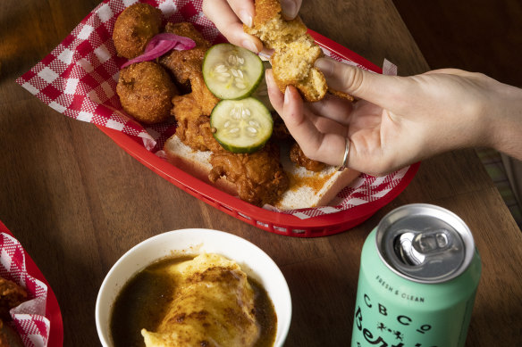 The chicken is available in four spice levels ranging from an entry level smash-salt spice up to “damn that’s spicy”. 