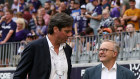 Gillon McLachlan and Anthony Albanese at the match between the Fremantle Dockers and West Coast Eagles in Perth this month.