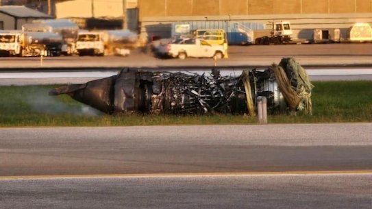 The plane’s detached left engine.