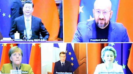 Clockwise from top left: Chinese President Xi Jinping, European Council President Charles Michel, European Commission President Ursula von der Leyen, French President Emmanuel Macron and German Chancellor Angela Merkel during their conference call on Wednesday to finalise a new EU-China investment accord.
