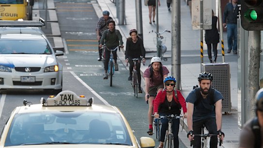 Cyclists in La Trobe Street in the CBD. 