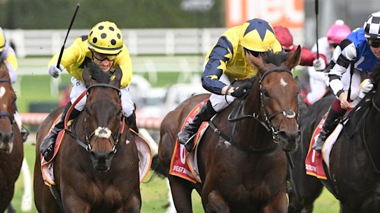 Mark Zahra wins the Caulfield Cup aboard Without A Fight.